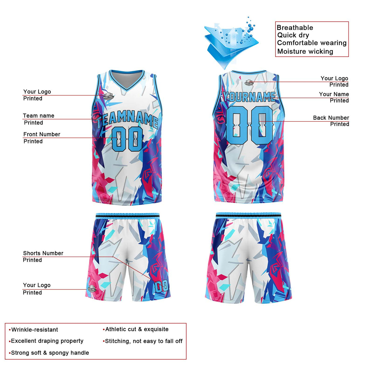 Benutzerdefinierte Hellblau Reversible Basketball Jersey Personalisierte Print Name Nummer Logo