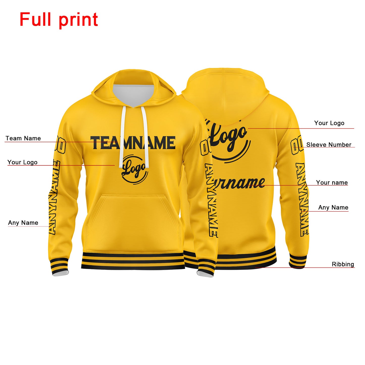 Benutzerdefinierter Gelb Hoodie für Mann, Frau, Mädchen, Junge. Drucken Sie Ihr Logo, Ihren Namen und Ihre Nummer