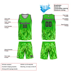 Benutzerdefinierter Basketball Jersey Uniform Anzug gedruckt Ihr Logo Name Nummer Grüne Flamme