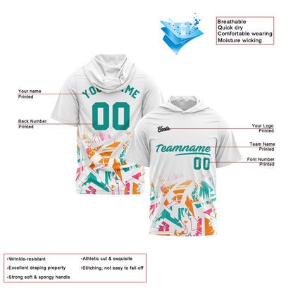Benutzerdefinierte Weiß Teal Kurzarm-Kapuzenpullover für Männer Frauen Hemden mit Kapuzen gedruckt Name Logo