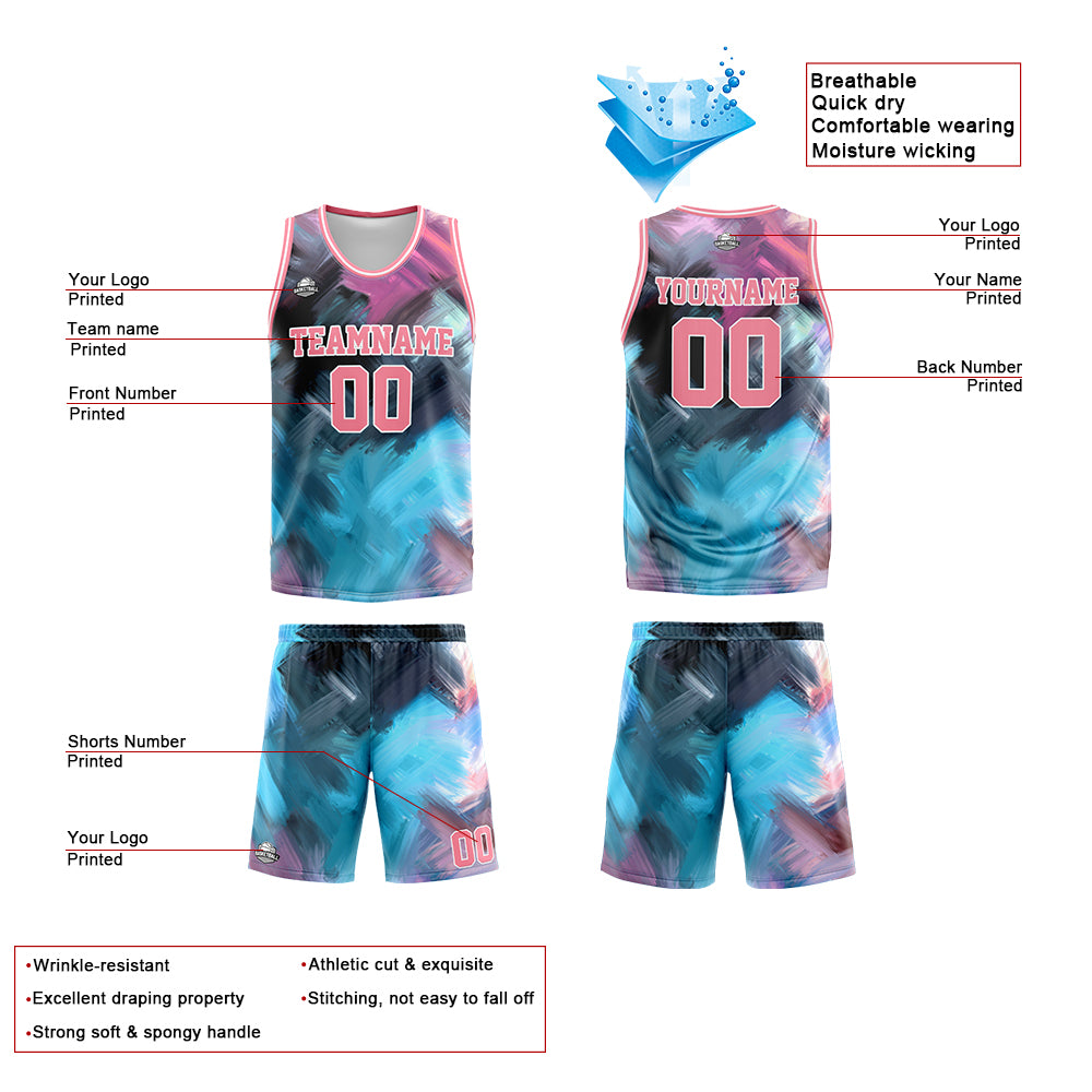 Benutzerdefinierter Basketball Jersey Uniform Anzug gedruckt Ihr Logo Name Nummer Rosa und Hellblau