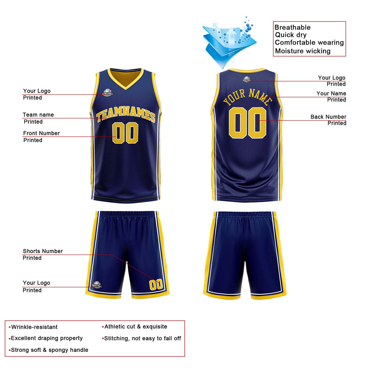 Benutzerdefinierte Marine Gelb Reversible Basketball Jersey Personalisierte Print Name Nummer Logo