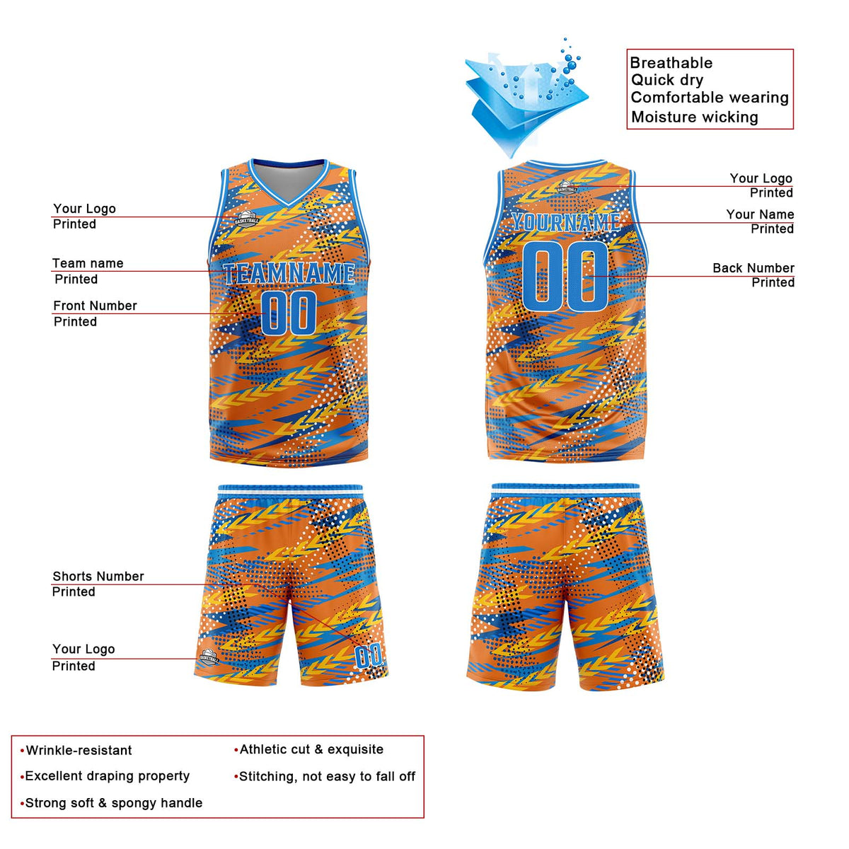 Benutzerdefinierte Orange Blau Reversible Basketball Jersey Personalisierte Print Name Nummer Logo