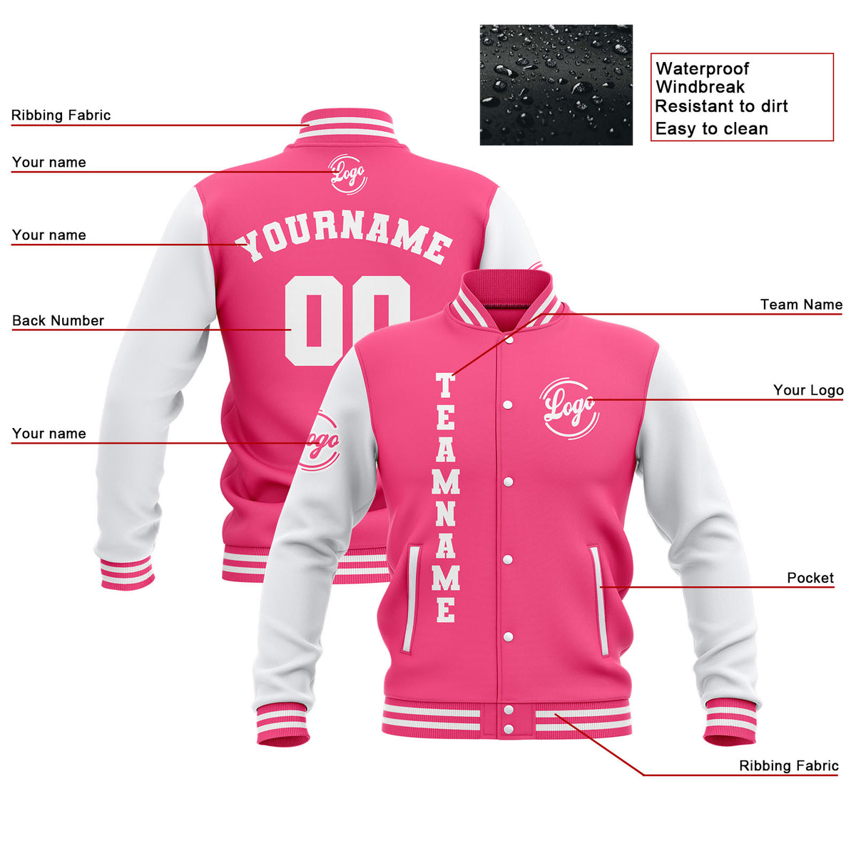 Benutzerdefiniert Rosa Weiß Wasserdichte Varsity Jacken Personalisiert genäht Name Nummer Logo zu Letterman Jacken
