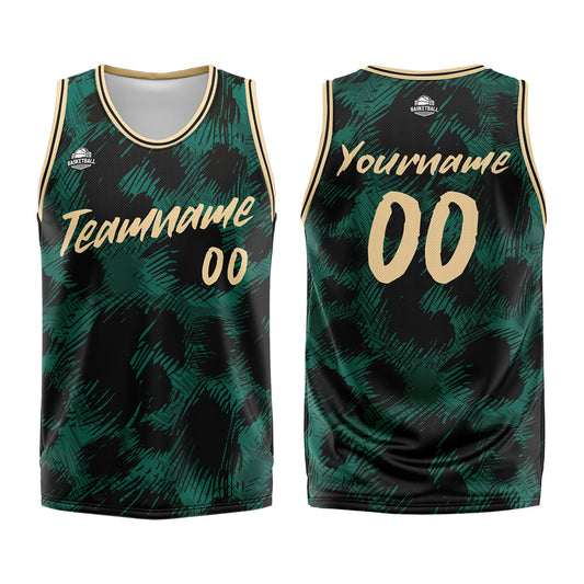 Benutzerdefinierter Basketball Jersey Uniform Anzug gedruckt Ihr Logo Name Nummer Grüner Leopardenmuster