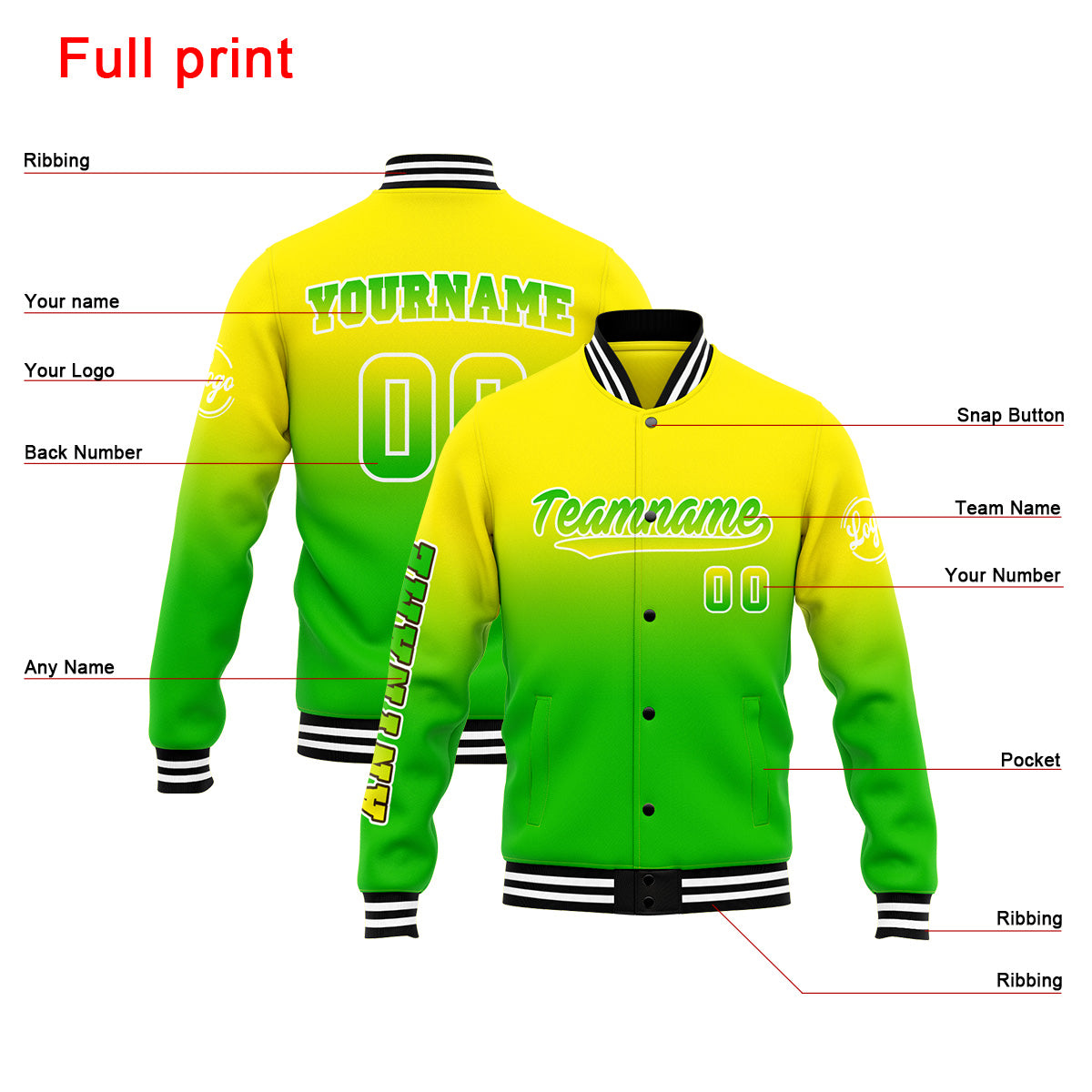 Benutzerdefinierte Verlauf Varsity-Jacke. Letterman-Jacke Gelb Grün