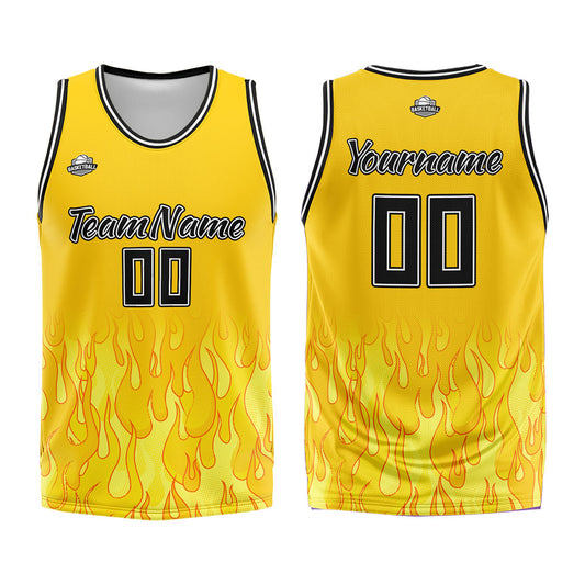 Benutzerdefinierter Basketball Jersey Uniform Anzug gedruckt Ihr Logo Name Nummer Gelbe Flamme