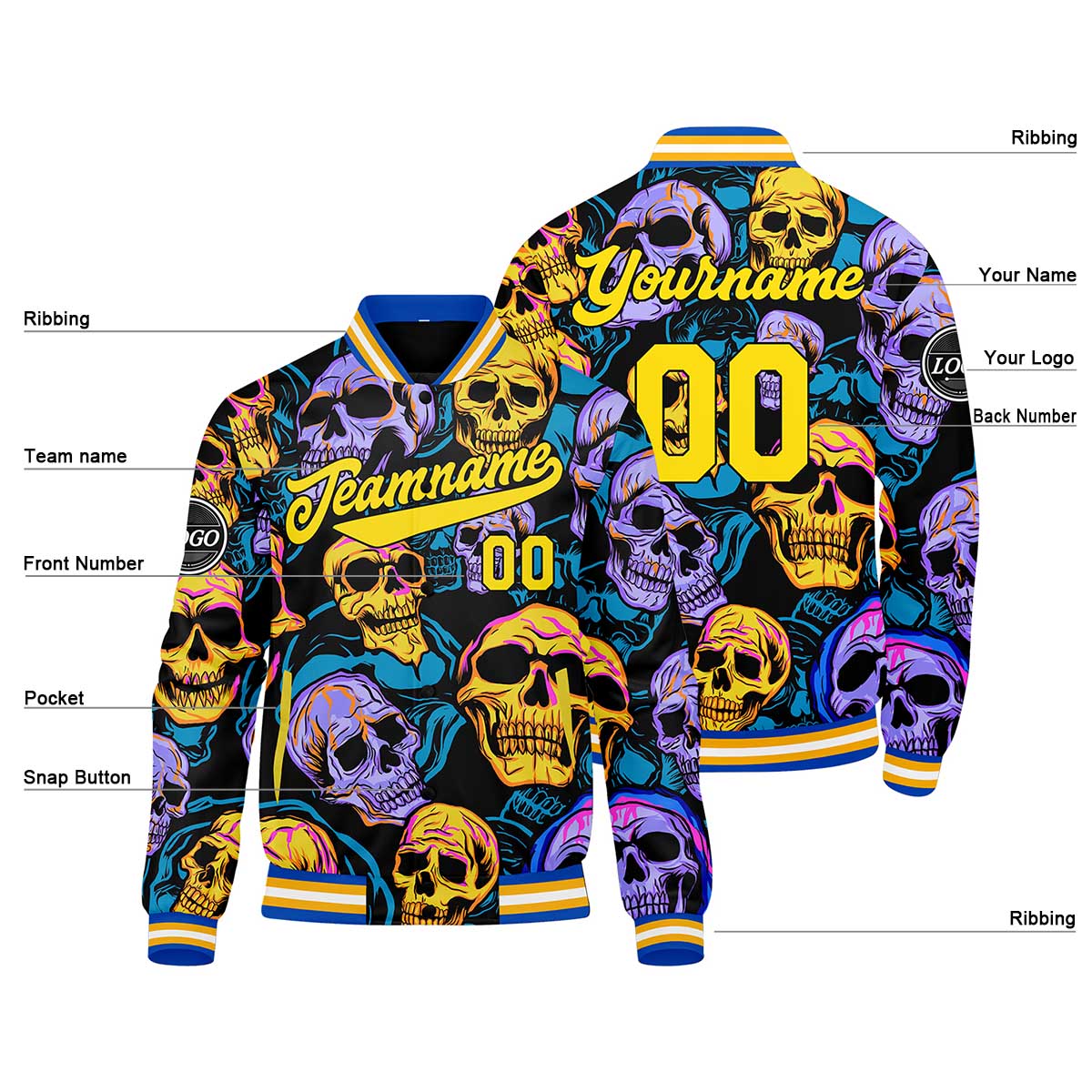 Benutzerdefinierte Gelb Blau Varsity-Jacke. Letterman-Jacke für Männer, Frauen und Jugendliche