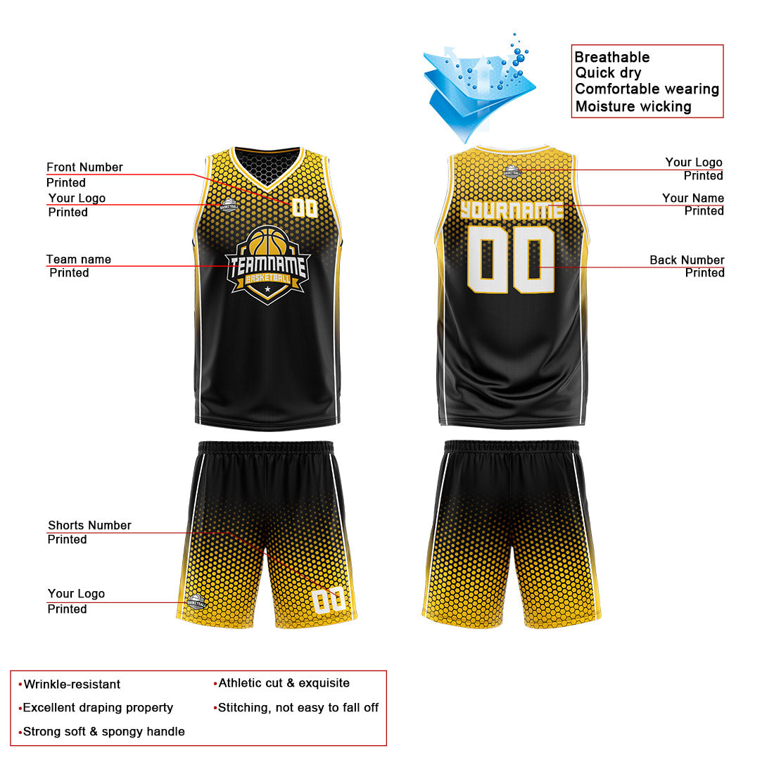 Benutzerdefinierte Schwarz Gelb Weiß Reversible Basketball Jersey Personalisierte Print Name Nummer Logo