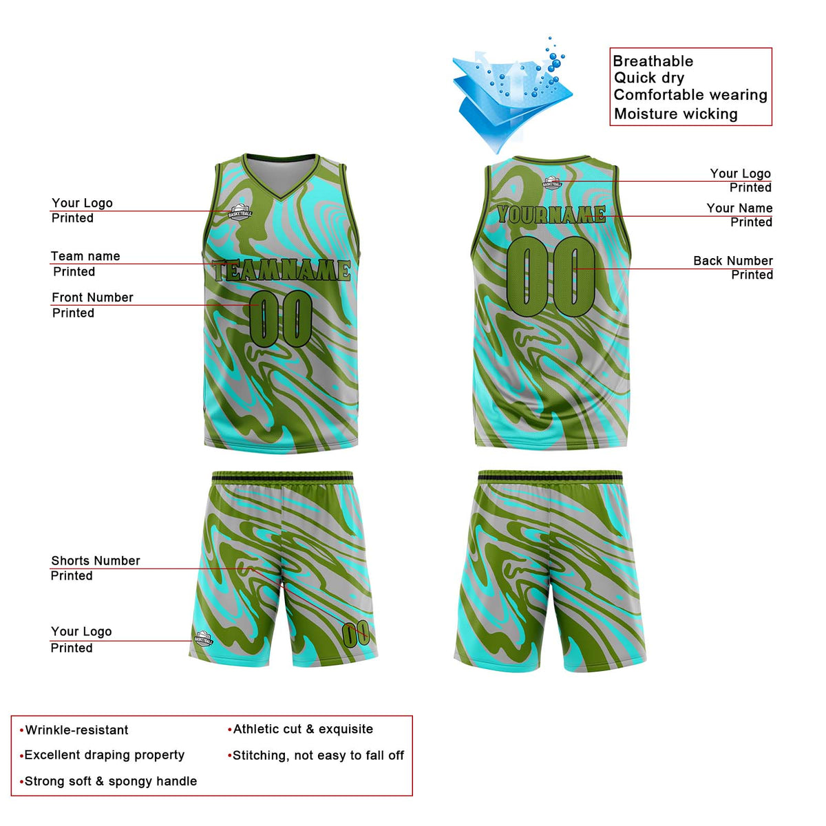 Benutzerdefinierte Grün Grau Reversible Basketball Jersey Personalisierte Print Name Nummer Logo