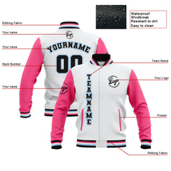 Benutzerdefiniert Weiß Rosa Schwarz Wasserdichte Varsity Jacken Personalisiert genäht Name Nummer Logo zu Letterman Jacken