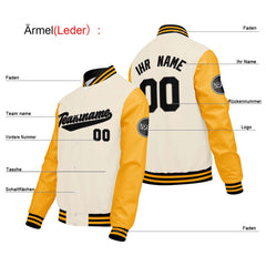 Maßgeschneiderte Creme Weiß Gelb Letterman Varsity Jacket Individuelle Stickerei Druck nach Ihrem Wunsch