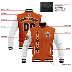 Benutzerdefiniert Orange Weiß Marine Wasserdichte Varsity Jacken Personalisiert genäht Name Nummer Logo zu Letterman Jacken