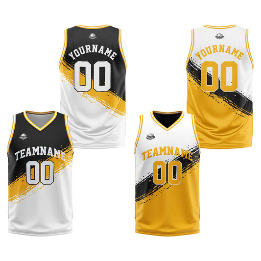 Benutzerdefinierte Reversible Basketball Jersey Personalisierte Print Name Nummer Logo Schwarz-Gelb-Weiß