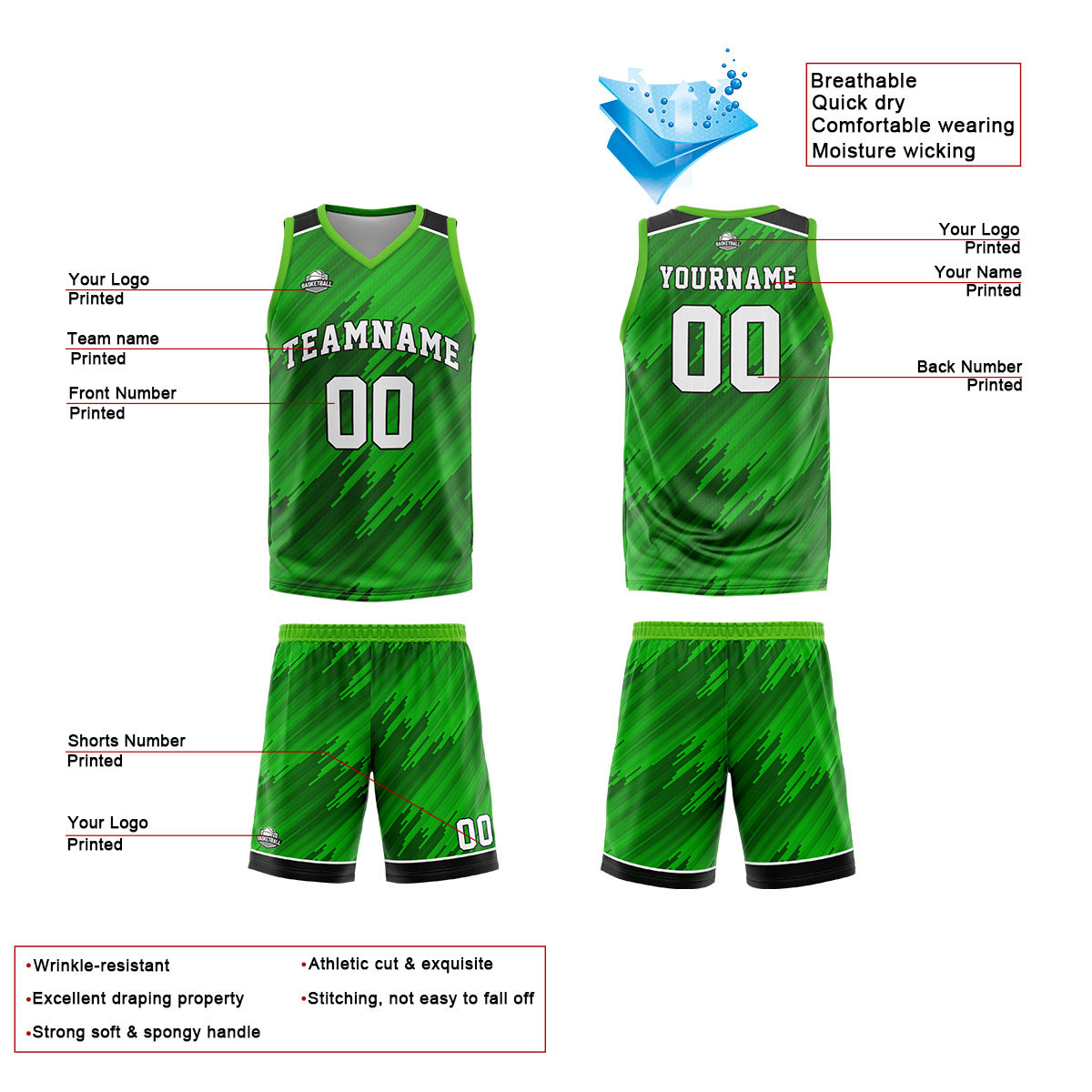 Benutzerdefinierte Grün Reversible Basketball Jersey Personalisierte Print Name Nummer Logo