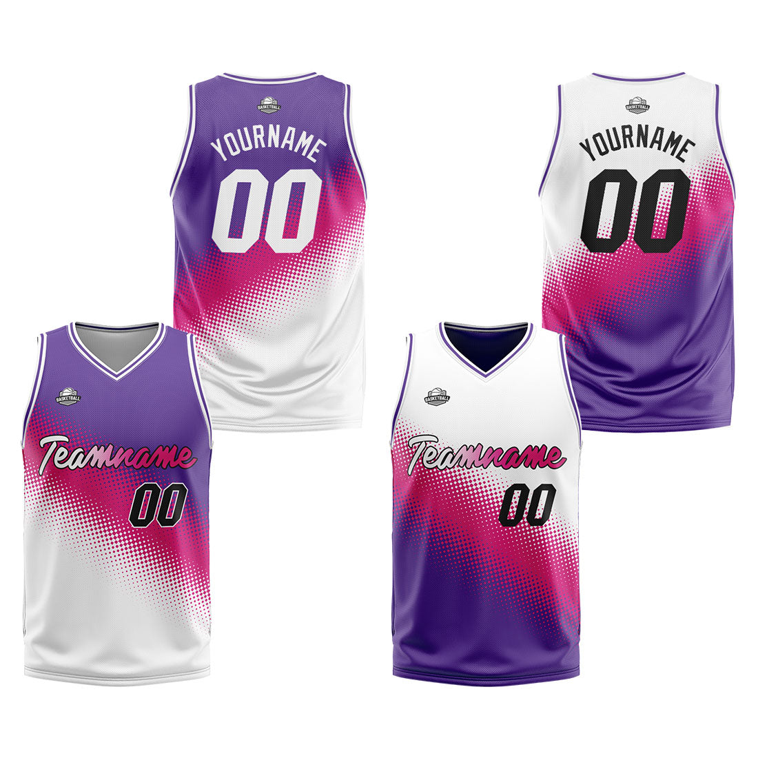 Benutzerdefinierte Reversible Basketball Jersey Personalisierte Print Name Nummer Logo Weiß-heißes Rosa-Lila