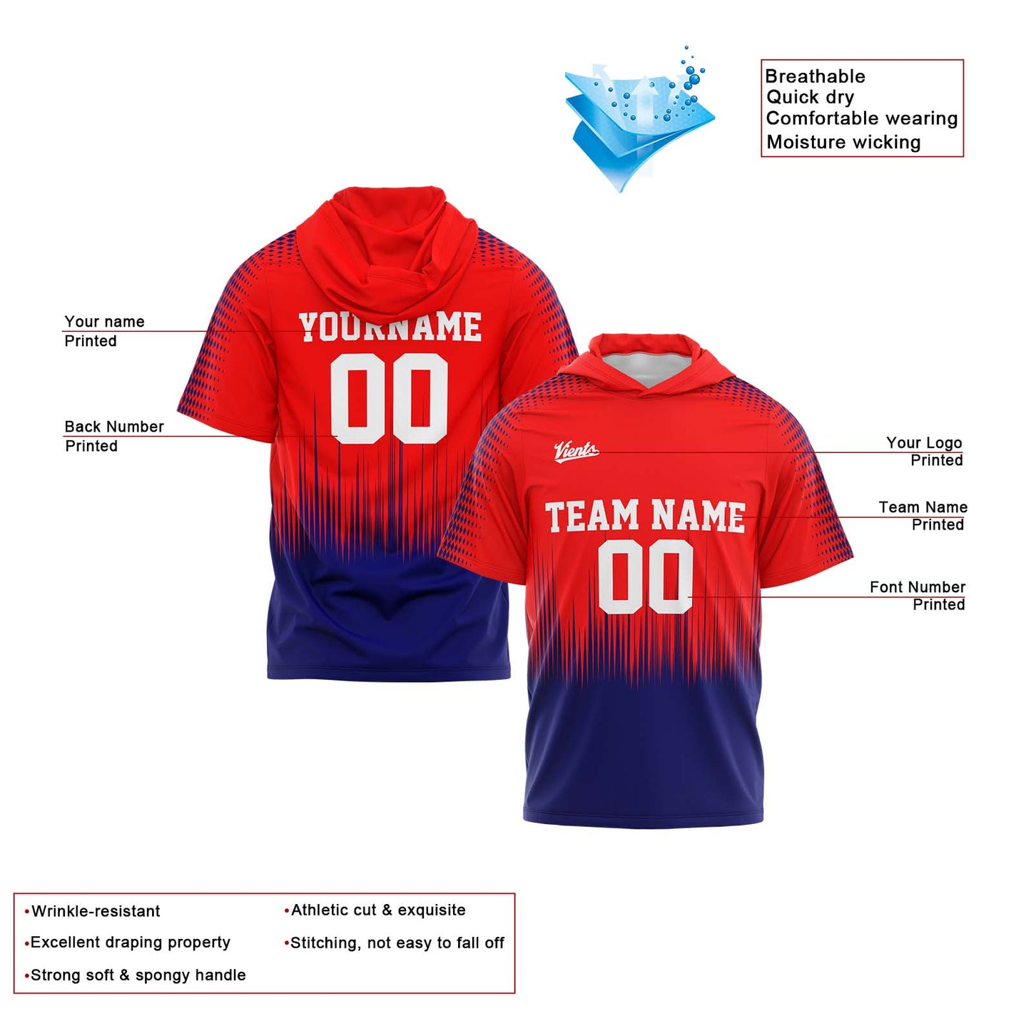 Benutzerdefinierte Rot Marine Kurzarm-Kapuzenpullover für Männer Frauen Hemden mit Kapuzen gedruckt Name Logo