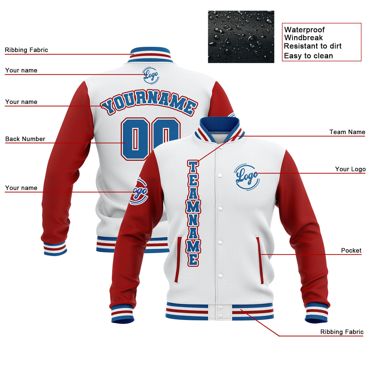 Benutzerdefiniert Weiß Rot Blau Wasserdichte Varsity Jacken Personalisiert genäht Name Nummer Logo zu Letterman Jacken