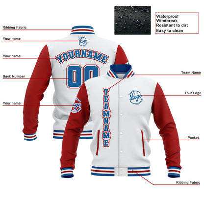 Benutzerdefiniert Weiß Rot Blau Wasserdichte Varsity Jacken Personalisiert genäht Name Nummer Logo zu Letterman Jacken
