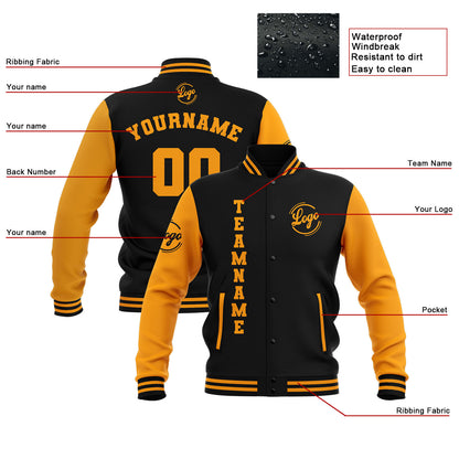Benutzerdefiniert Schwarz Gelb Wasserdichte Varsity Jacken Personalisiert genäht Name Nummer Logo zu Letterman Jacken