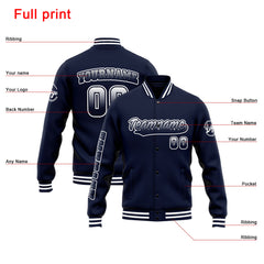 Benutzerdefinierte Varsity-Jacke. Letterman-Jacke für Männer, Frauen und Jugendliche Marine Weiß