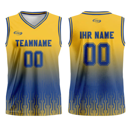 Benutzerdefinierter Gelb Blau Farbverlauf Basketball Jersey Uniform Anzug gedruckt Ihr Logo Name Nummer