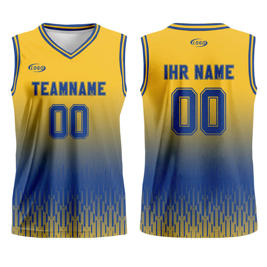Benutzerdefinierter Gelb Blau Farbverlauf Basketball Jersey Uniform Anzug gedruckt Ihr Logo Name Nummer