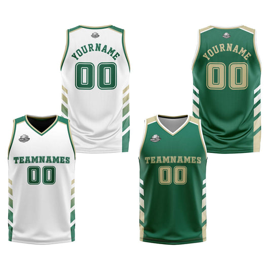 Benutzerdefinierte Weiß Jäger Grün Beige Reversible Basketball Jersey Personalisierte Print Name Nummer Logo
