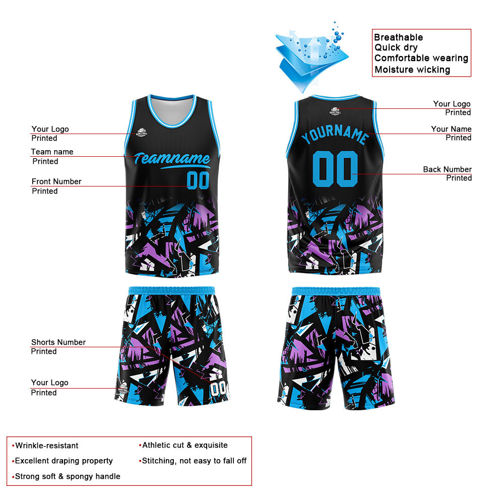 Benutzerdefinierter Basketball Jersey Uniform Anzug gedruckt Ihr Logo Name Nummer Schwarz&Hellblau