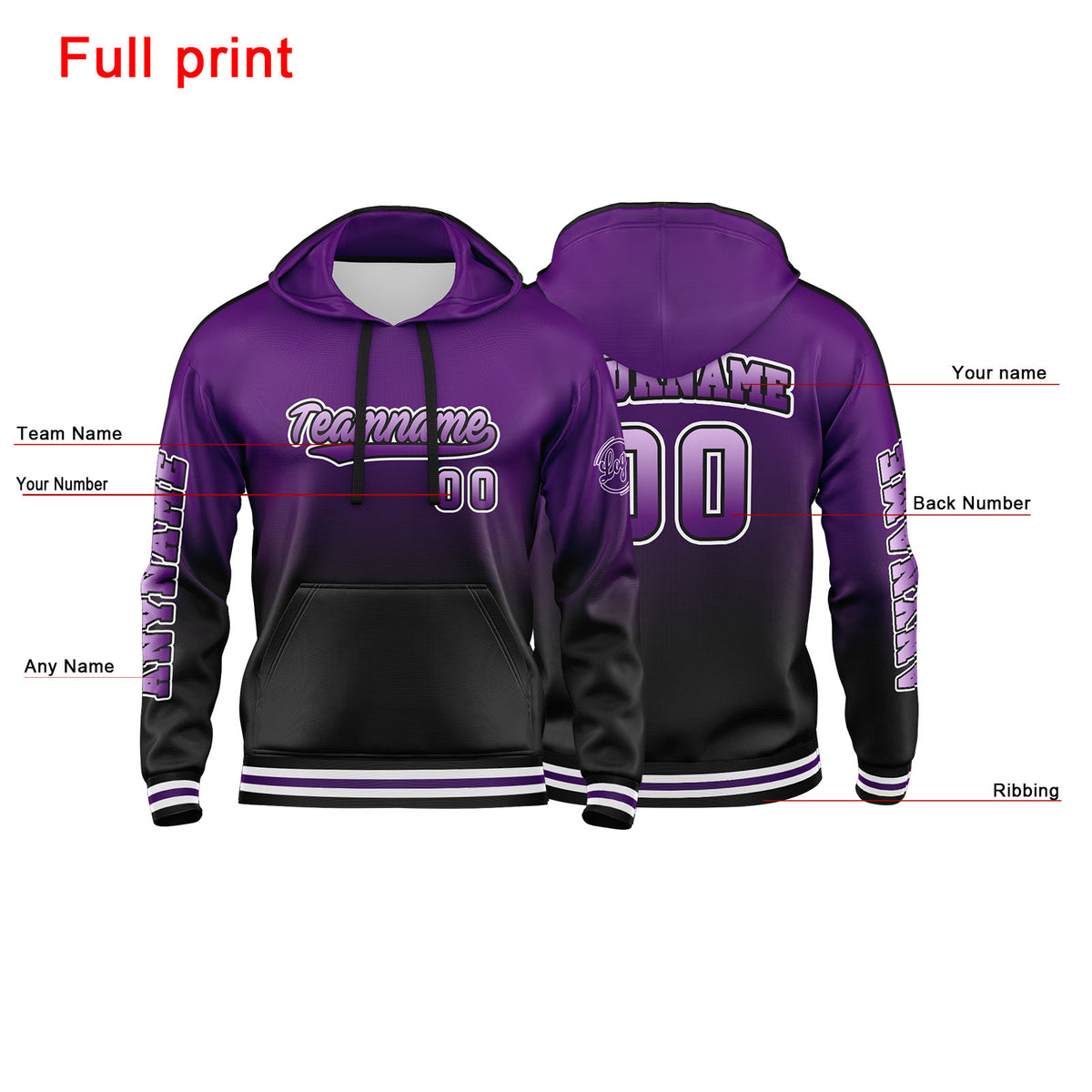 Benutzerdefinierter Lila Schwarz Hoodie für Mann, Frau, Mädchen, Junge. Drucken Sie Ihr Logo, Ihren Namen und Ihre Nummer
