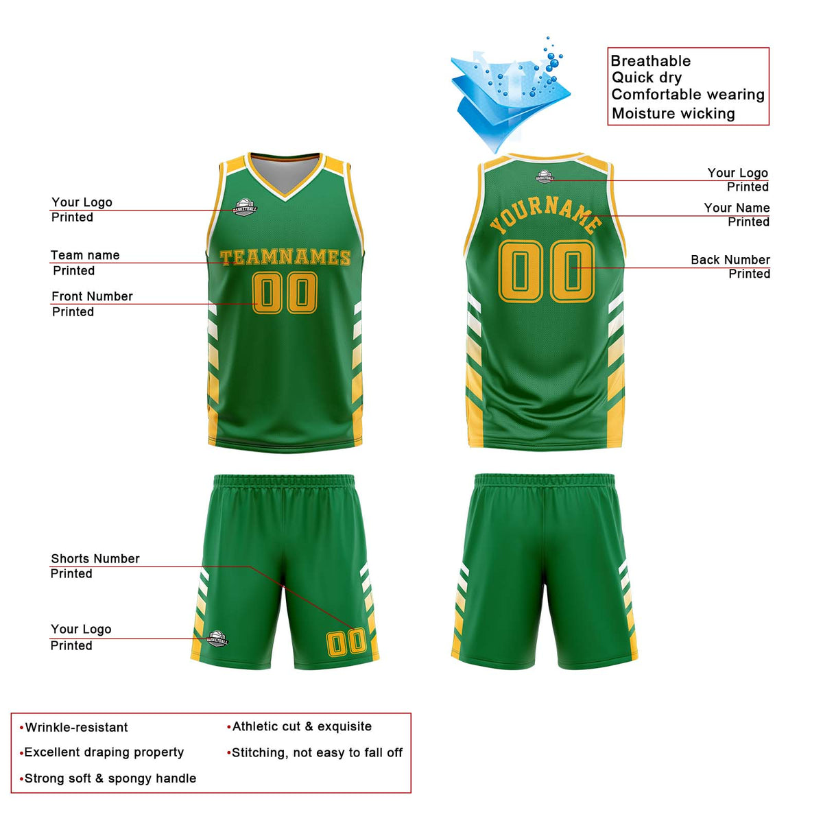 Benutzerdefinierte Grün Weiß Gelb Reversible Basketball Jersey Personalisierte Print Name Nummer Logo