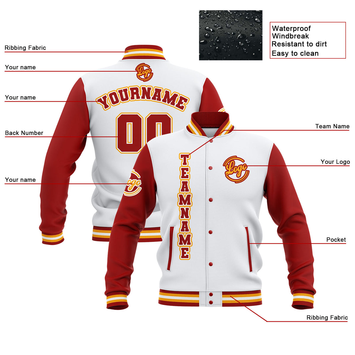 Benutzerdefiniert Weiß Rot Gelb Wasserdichte Varsity Jacken Personalisiert genäht Name Nummer Logo zu Letterman Jacken