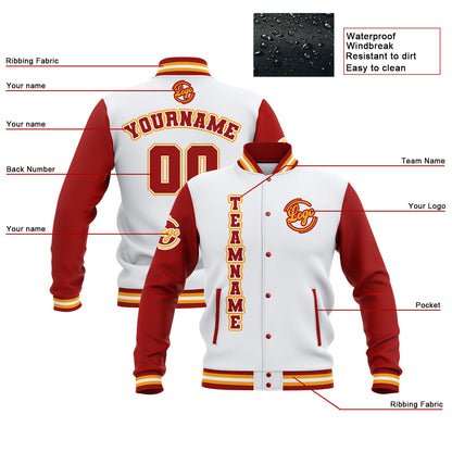 Benutzerdefiniert Weiß Rot Gelb Wasserdichte Varsity Jacken Personalisiert genäht Name Nummer Logo zu Letterman Jacken