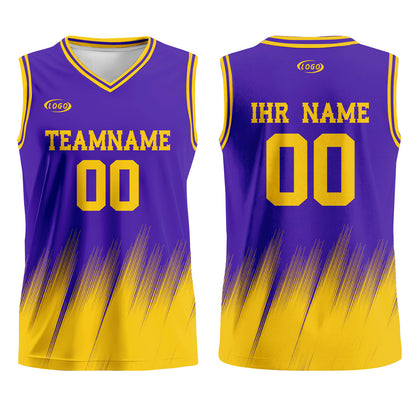 Benutzerdefinierter Lila Gelb Basketball Jersey Uniform Anzug gedruckt Ihr Logo Name Nummer