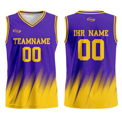 Benutzerdefinierter Lila Gelb Basketball Jersey Uniform Anzug gedruckt Ihr Logo Name Nummer