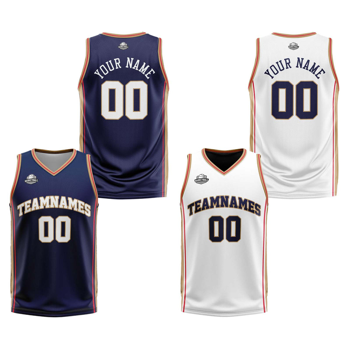 Benutzerdefinierte Marine Weiß Gold Reversible Basketball Jersey Personalisierte Print Name Nummer Logo