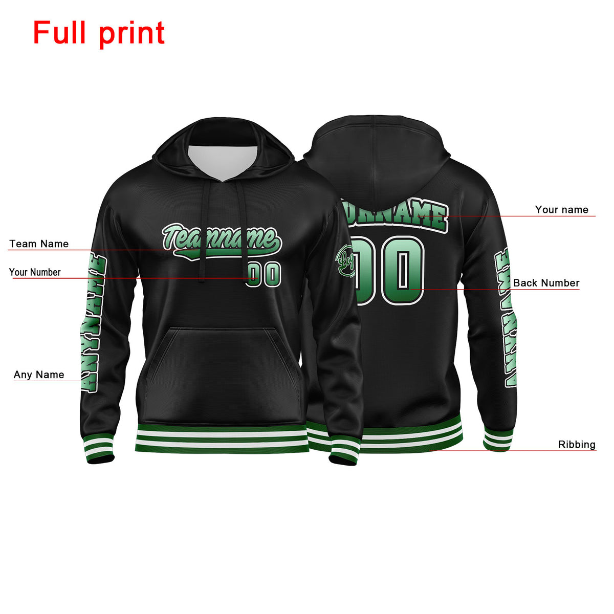Benutzerdefinierter Grün Schwarz Hoodie für Mann, Frau, Mädchen, Junge. Drucken Sie Ihr Logo, Ihren Namen und Ihre Nummer