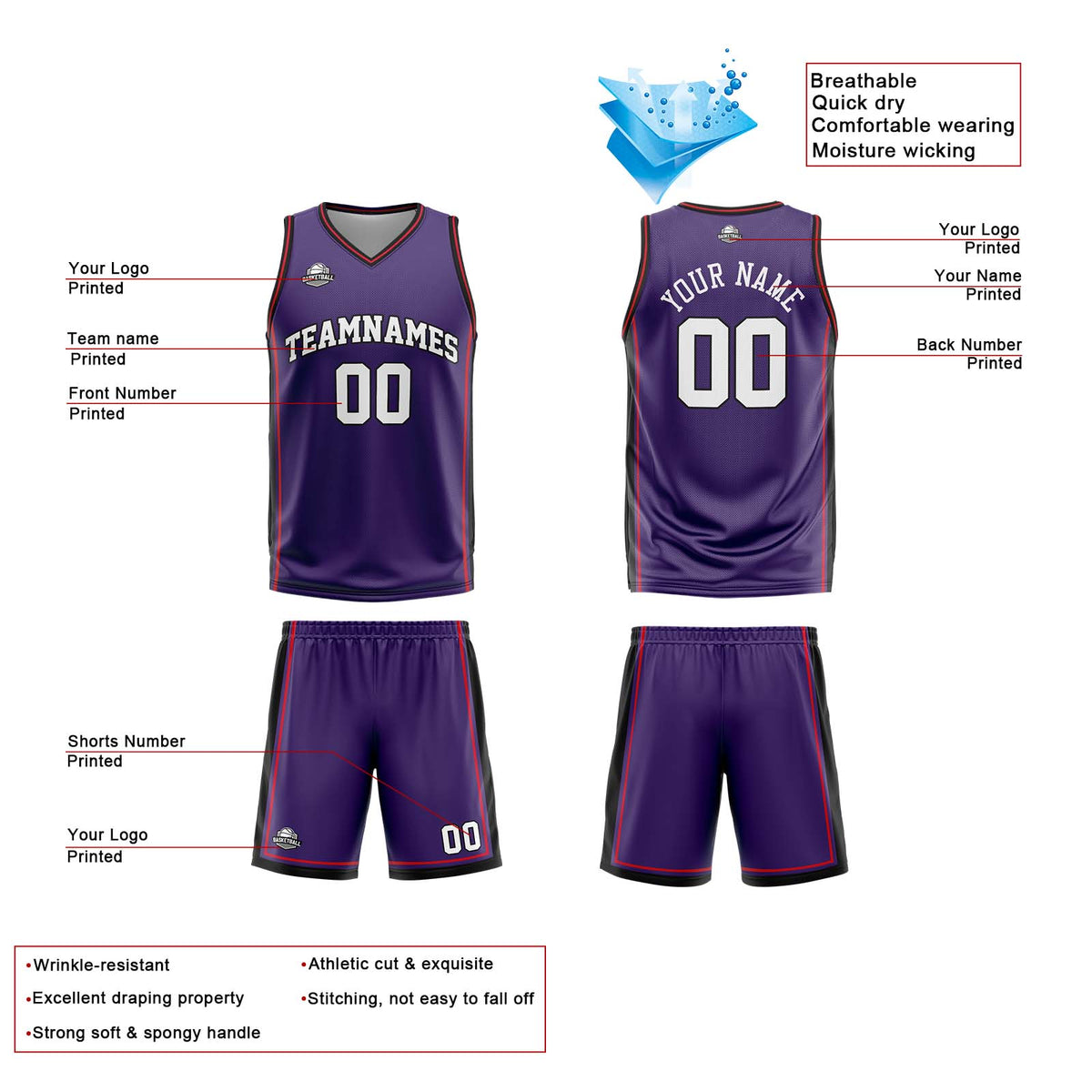 Benutzerdefinierte Lila Weiß Rot Reversible Basketball Jersey Personalisierte Print Name Nummer Logo