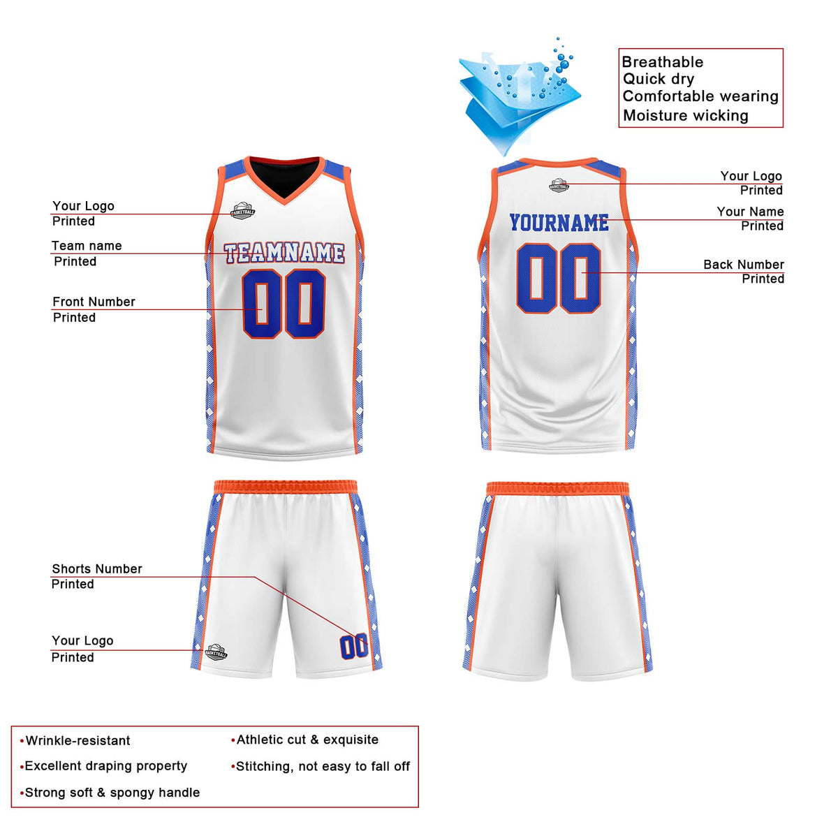 Benutzerdefinierte Royal Orange Reversible Basketball Jersey Personalisierte Print Name Nummer Logo