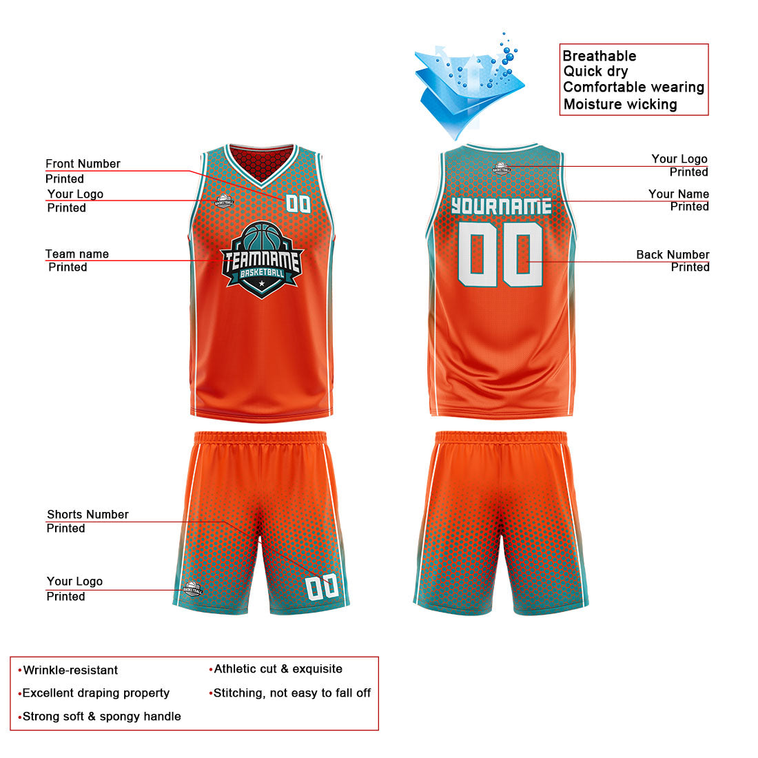 Benutzerdefinierte Orange Cyan Weiß Reversible Basketball Jersey Personalisierte Print Name Nummer Logo