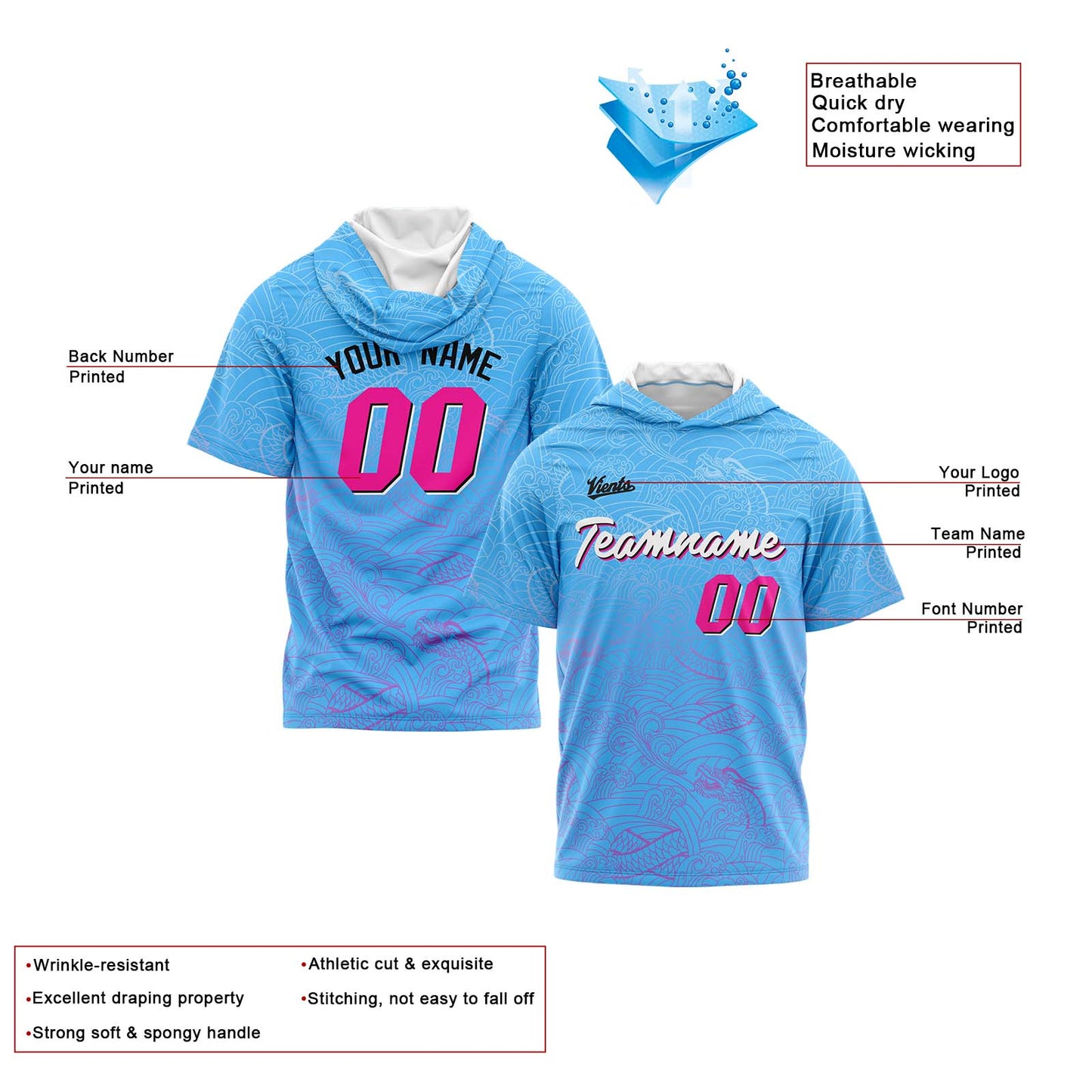 Benutzerdefinierte Hellblau Rosa Kurzarm-Kapuzenpullover für Männer Frauen Hemden mit Kapuzen gedruckt Name Logo