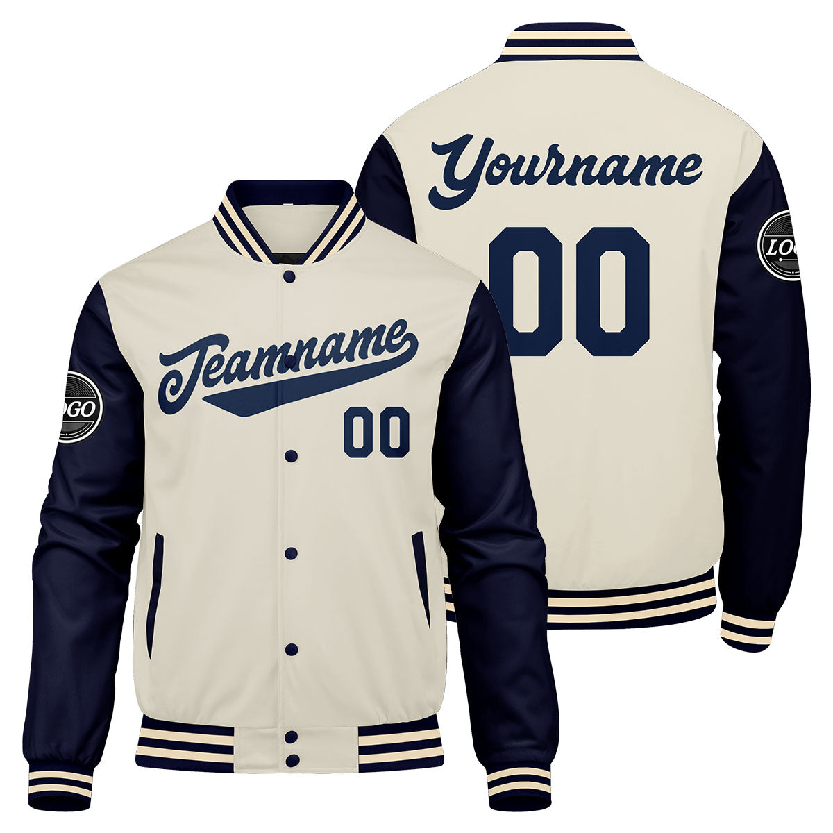 Benutzerdefinierte Verlauf Varsity-Jacke. Letterman-Jacke Marine Creme