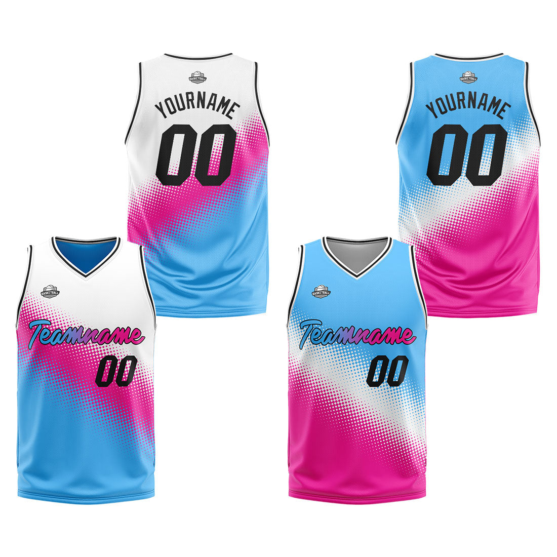 Benutzerdefinierte Reversible Basketball Jersey Personalisierte Print Name Nummer Logo Weiß-heißes Rosa-Hellblau