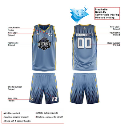 Benutzerdefinierte Staubiges Blau Marine Gelb Reversible Basketball Jersey Personalisierte Print Name Nummer Logo