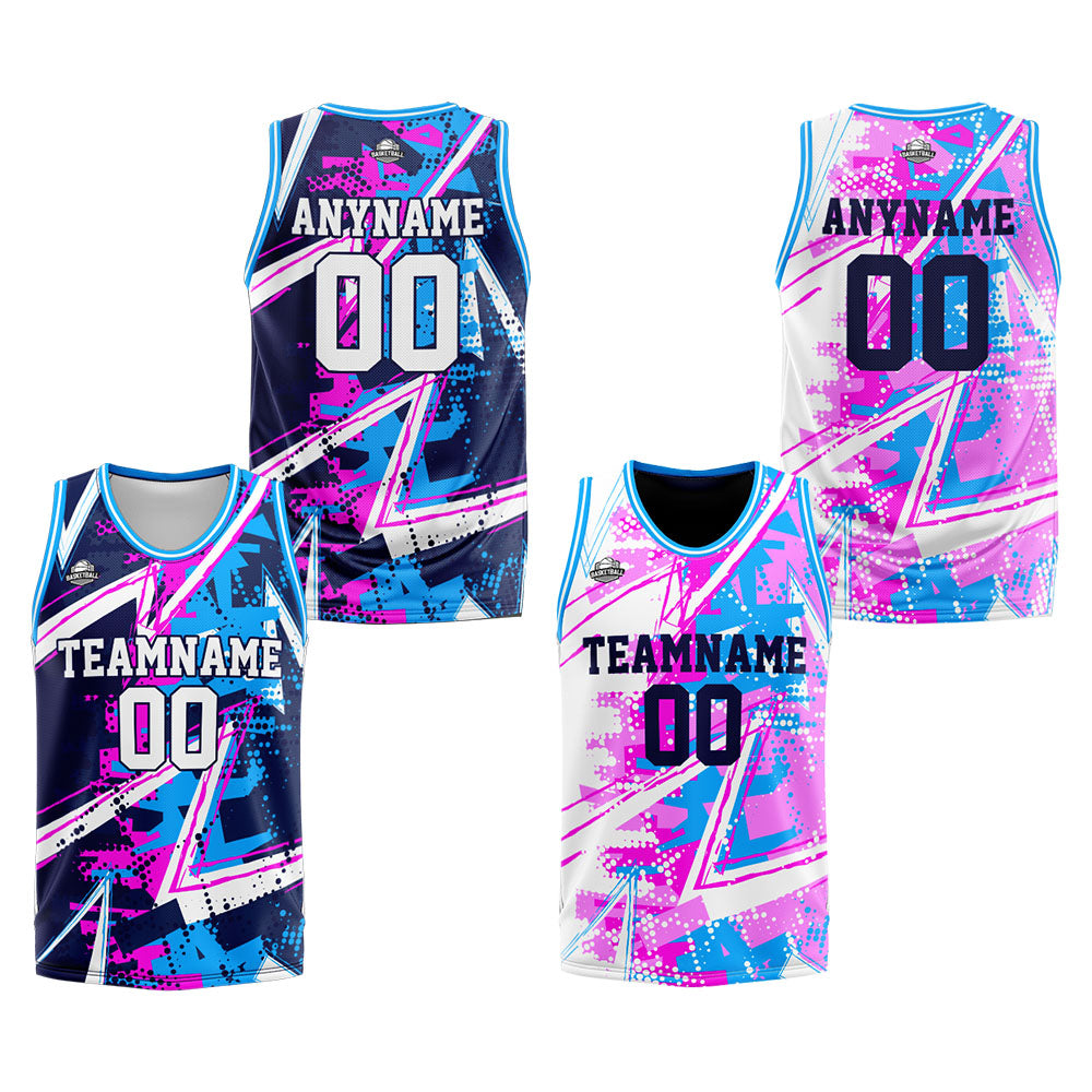 Benutzerdefinierte Reversible Basketball Jersey Personalisierte Print Name Nummer Logo Rosa&Blau