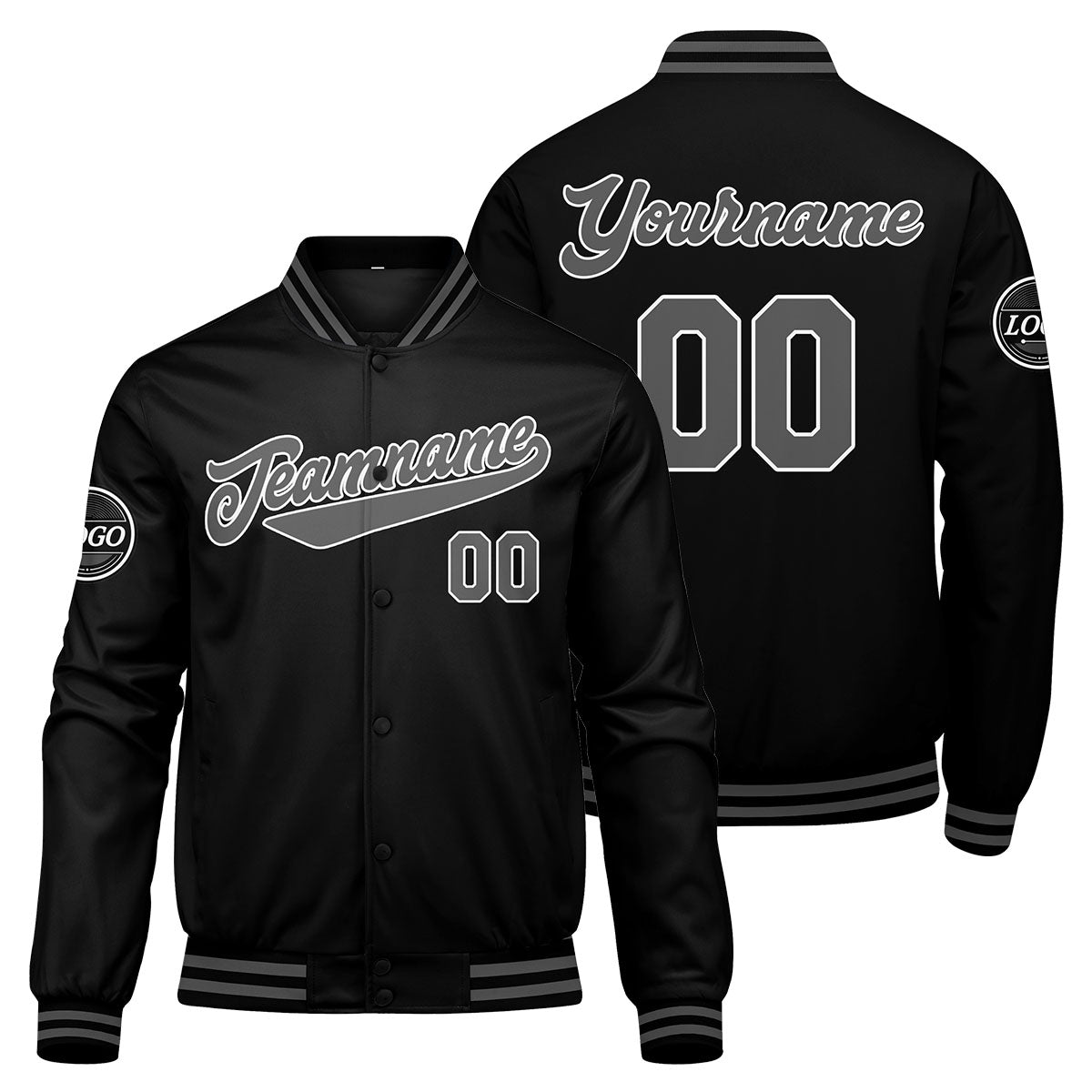 Benutzerdefinierte Verlauf Varsity-Jacke. Letterman-Jacke Schwarz Grau