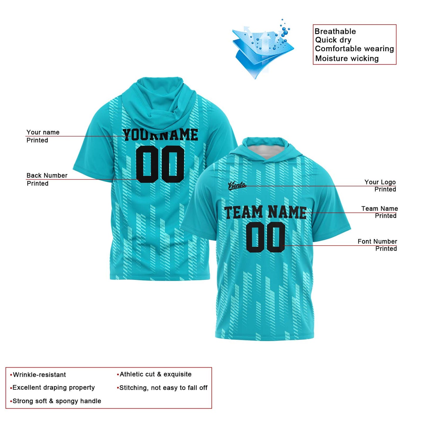 Benutzerdefinierte Teal Kurzarm-Kapuzenpullover für Männer Frauen Hemden mit Kapuzen gedruckt Name Logo