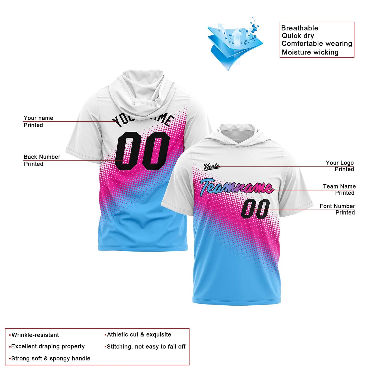 Benutzerdefinierte Weiß Rosa Hellblau Kurzarm-Kapuzenpullover für Männer Frauen Hemden mit Kapuzen gedruckt Name Logo