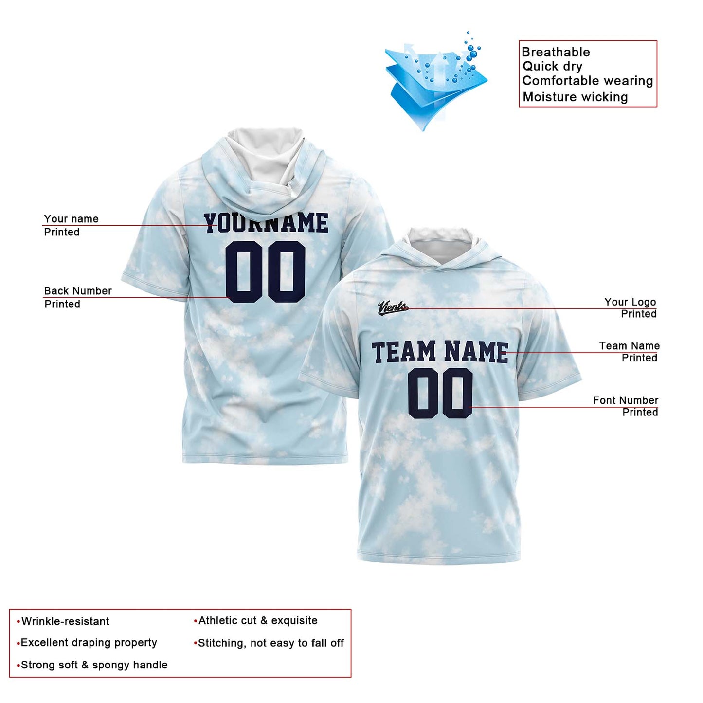 Benutzerdefinierte Hellblau Kurzarm-Kapuzenpullover für Männer Frauen Hemden mit Kapuzen gedruckt Name Logo