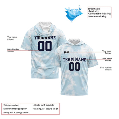 Benutzerdefinierte Hellblau Kurzarm-Kapuzenpullover für Männer Frauen Hemden mit Kapuzen gedruckt Name Logo